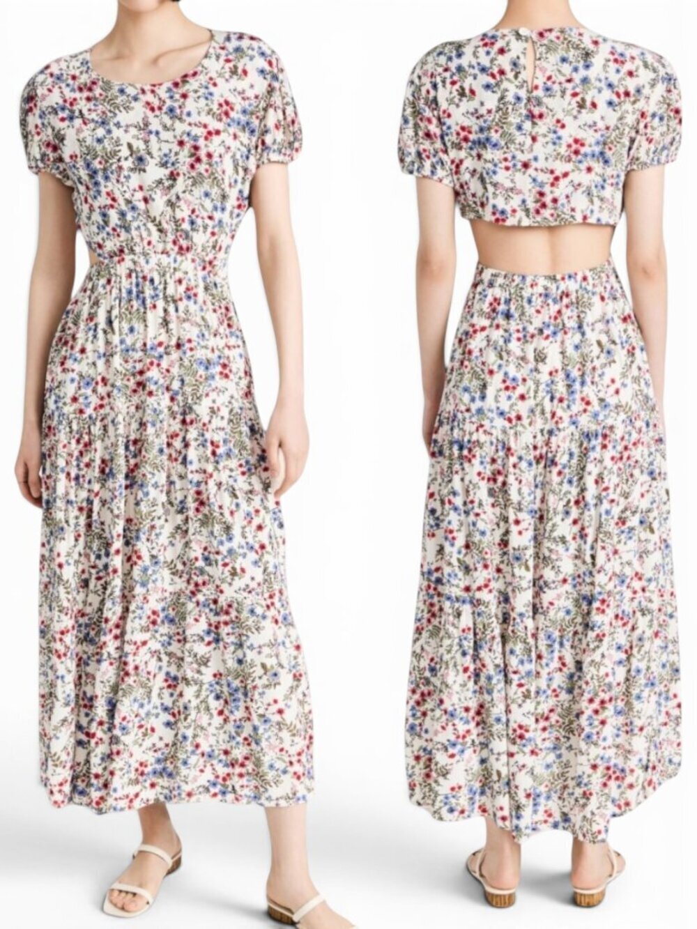 Sokie Collective The Peek-a-Boo Dress Floral Cutout Back Tiered Crinkle New L